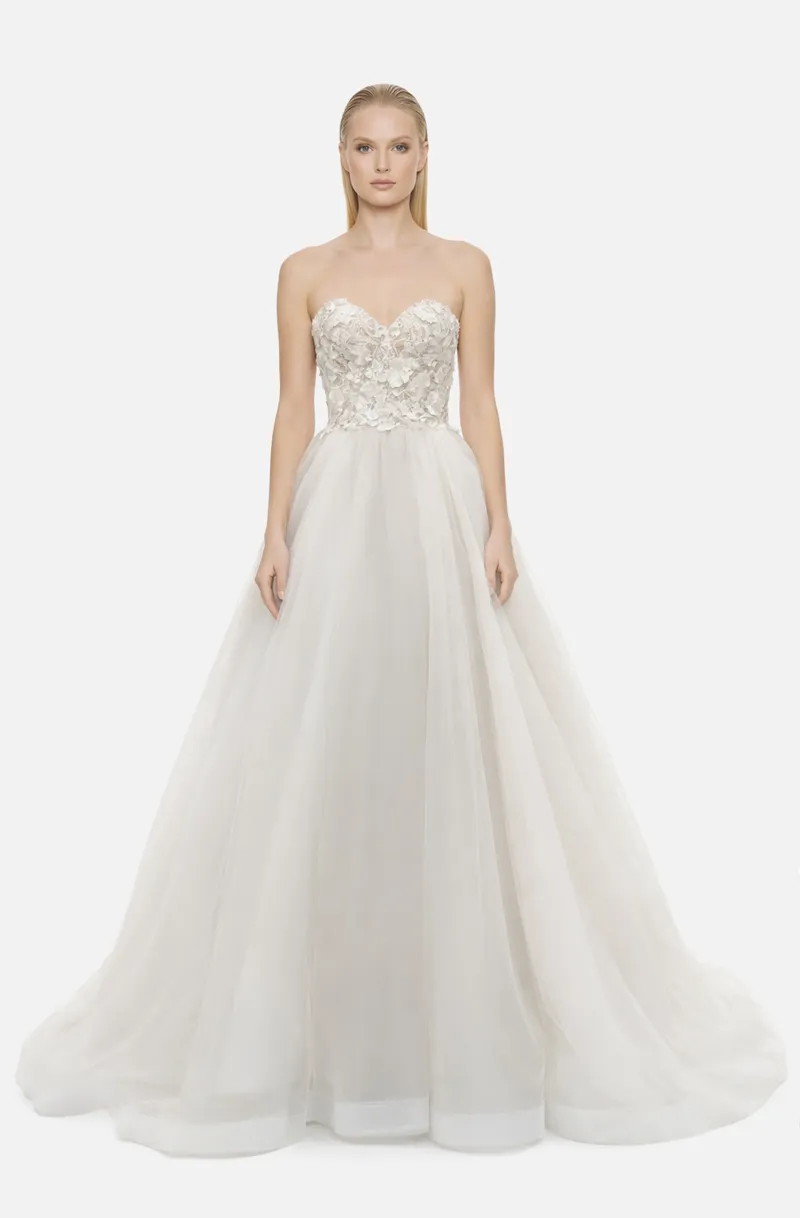 Front view of a woman in an Off-white tulle ball gown with hand-beaded corset 14, image 1