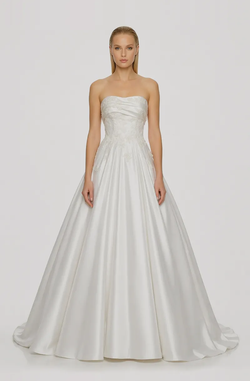Front view of a woman in an Off-white bridal satin ball gown with draped lapel and corded lace applique 19, image 1