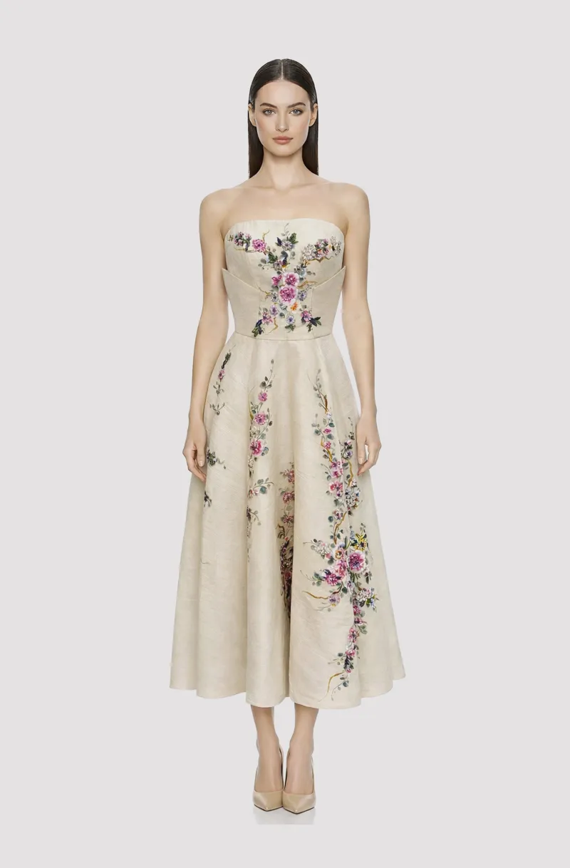 Front view of a woman in a Natural color piña dress with hand-painted, hand-beaded floral embellishments 10, image 1