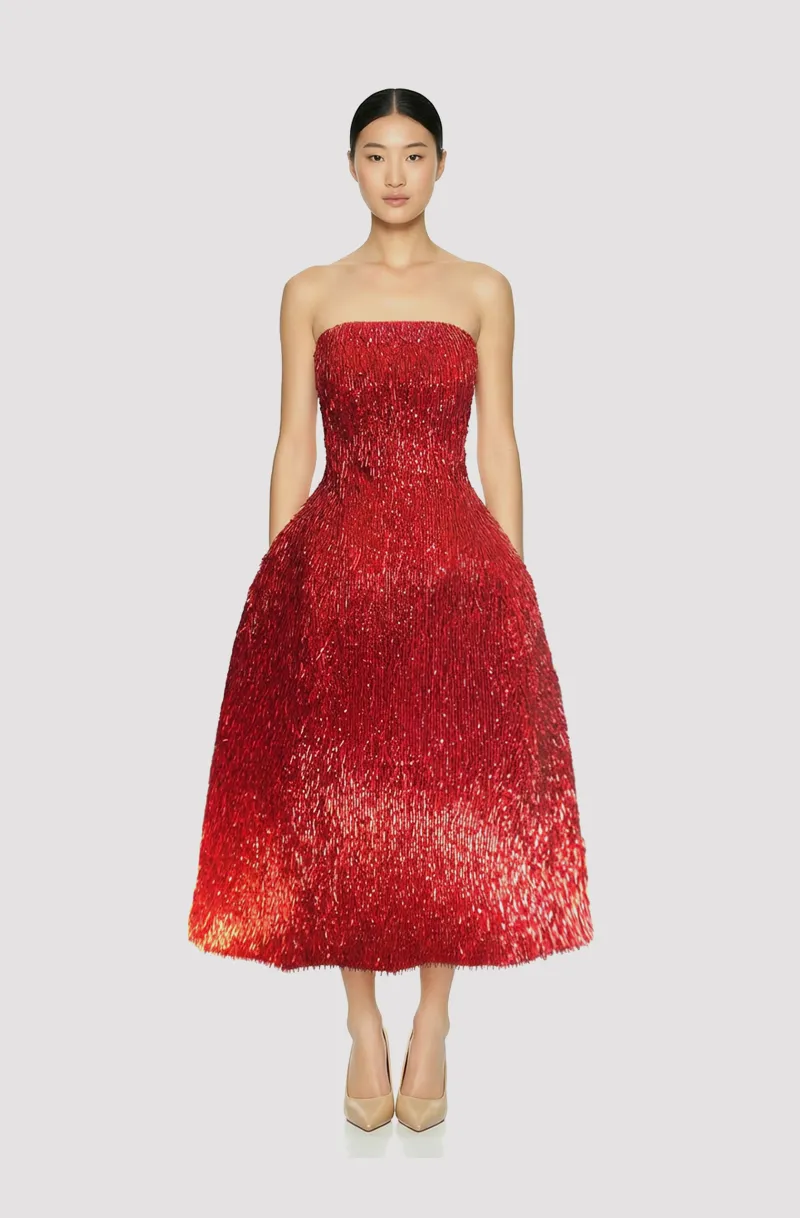 Front view of a woman in a Red strapless bugle-beaded structured dress 16, image 1