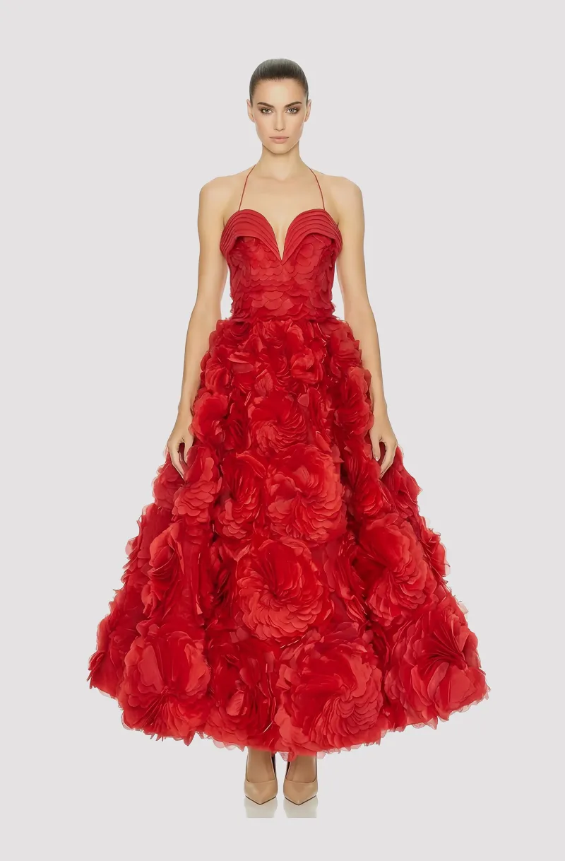 Front view of a woman in a Red organza couture cocktail dress with corseted 3D floral ball skirt 18, image 1