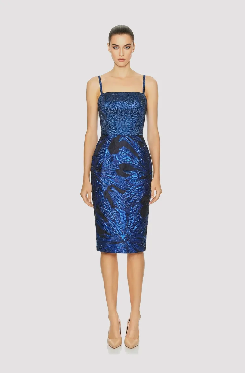 Front view of a woman in a Cobalt blue brocade sheath dress 21, image 1