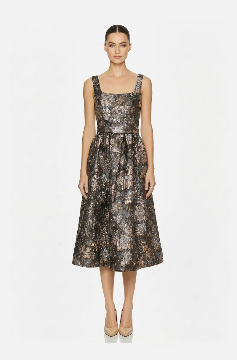 Front view of a woman in a Sleeveless gold and black floral print brocade midi dress 44, image 1