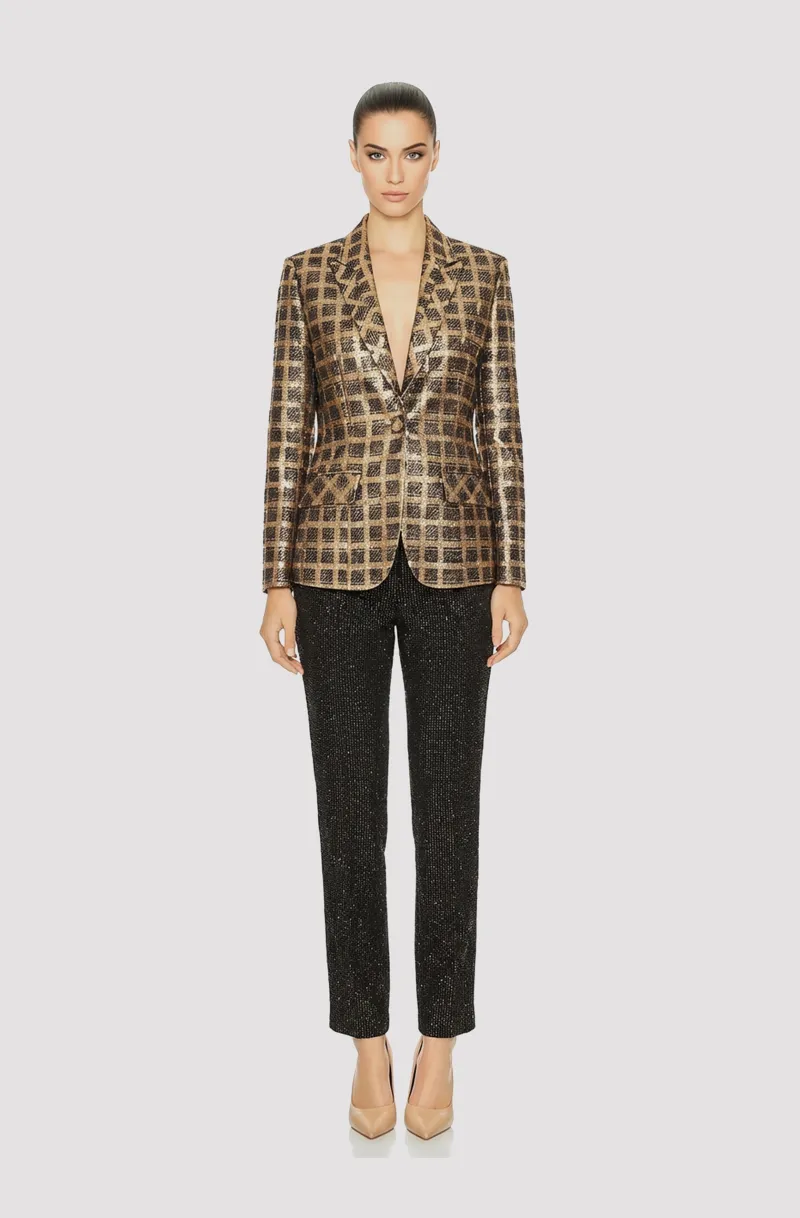 Front view of a woman in a Metallic gold checkered brocade blazer with black mikado cigarette pants 46, image 1