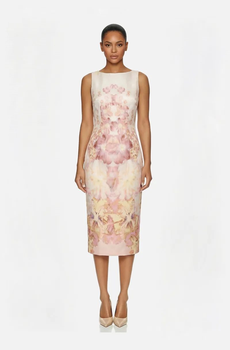 Front view of a woman in an Ivory floral print organza pencil cut cocktail dress 48, image 1