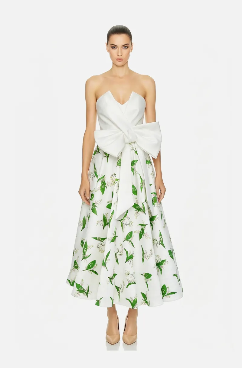 Front view of a woman in a White mikado midi dress with couture hand-draped ribbon top and custom-printed lily of the valley skirt 52, image 1
