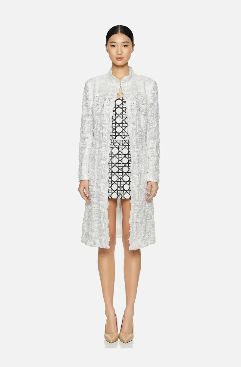 Front view of a woman in an Off-white beaded tweed coat with Nehru collar 56, image 1