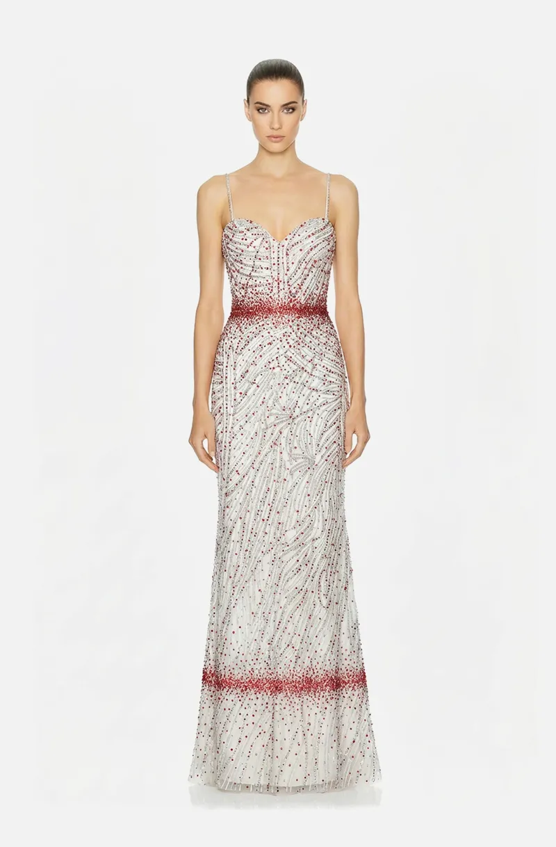 Front view of a woman in an Ivory spaghetti-strap tulle mermaid gown embellished with red and translucent beads 15, image 1