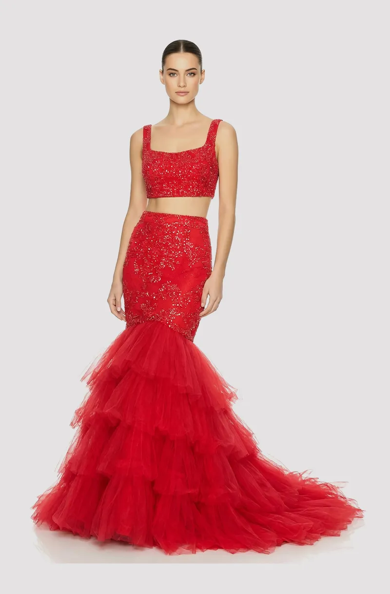 Front view of a woman in a Two-piece ensemble with beaded crop top and a layered tulle mermaid skirt 18, image 1