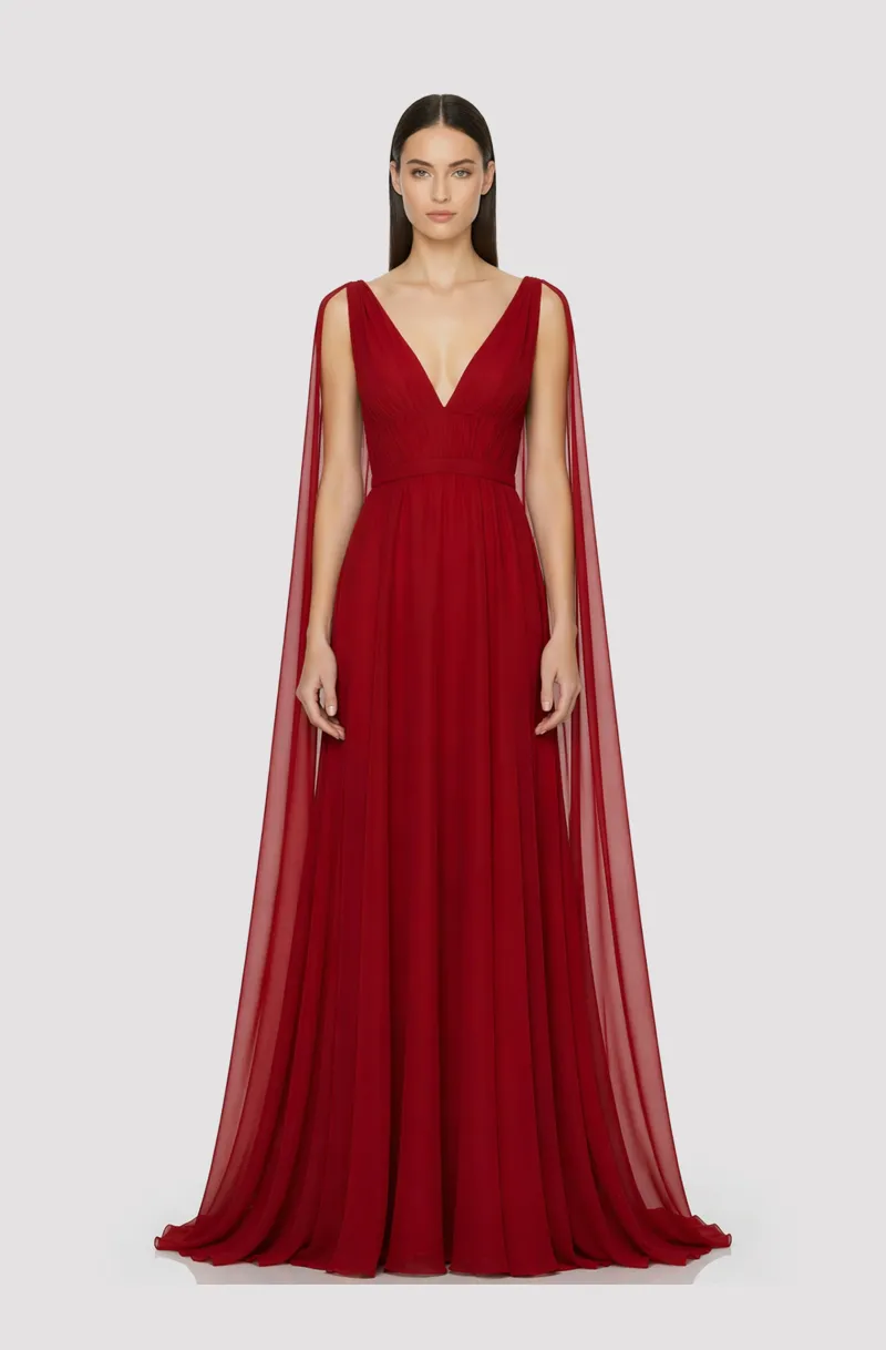 Front view of a woman in a Red ombre v-neck, hand-draped georgette princess cut gown with draped sleeve 20, image 1