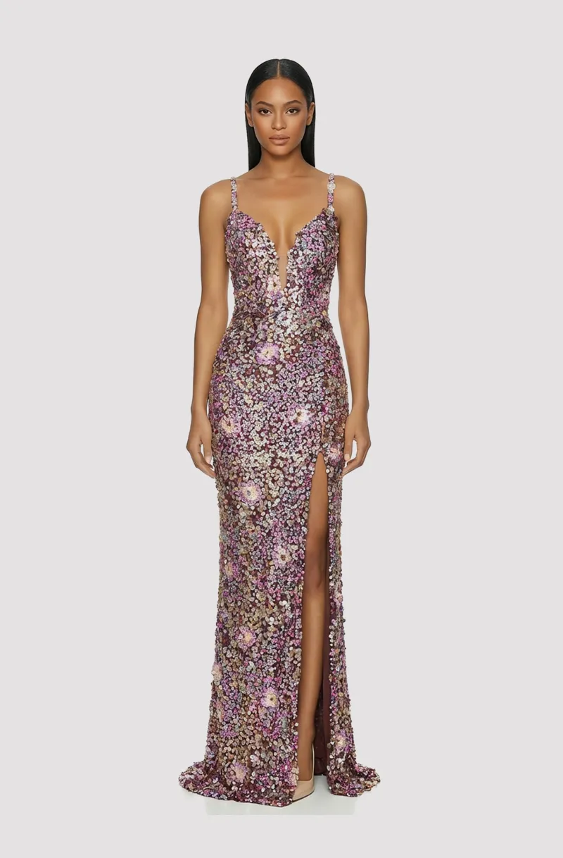 Front view of a woman in a Burgundy sleeveless hand-beaded column gown with high slit 21, image 1