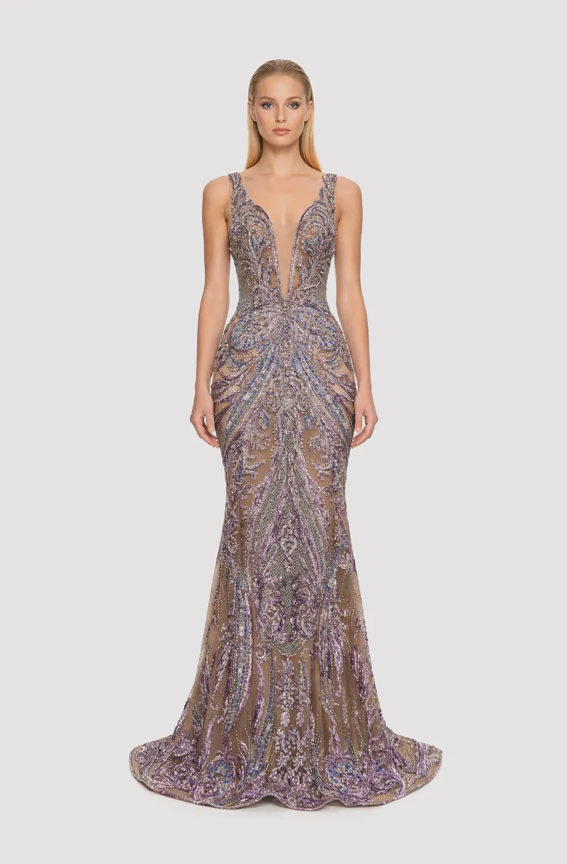 Front view of a woman in a Blue & silver deep neck, see-through tulle hand-beaded mermaid gown 22, image 1