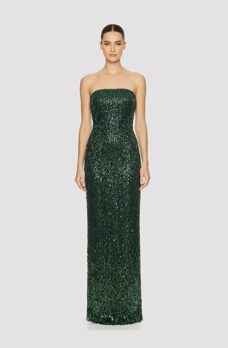 Front view of a woman in a Hunter green bugle-beaded tube column gown 3, image 1