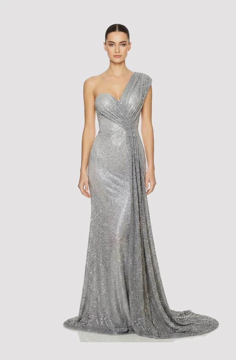 Front view of a woman in a Metallic silver rhinestone one-shoulder hand-draped gown 34, image 1