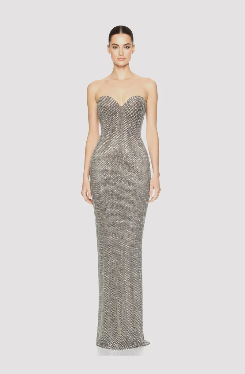 Front view of a woman in a Silver rhinestone couture column gown 35, image 1