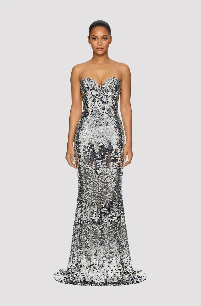 Front view of a woman in a Metallic silver sequined corseted mermaid gown 37, image 1