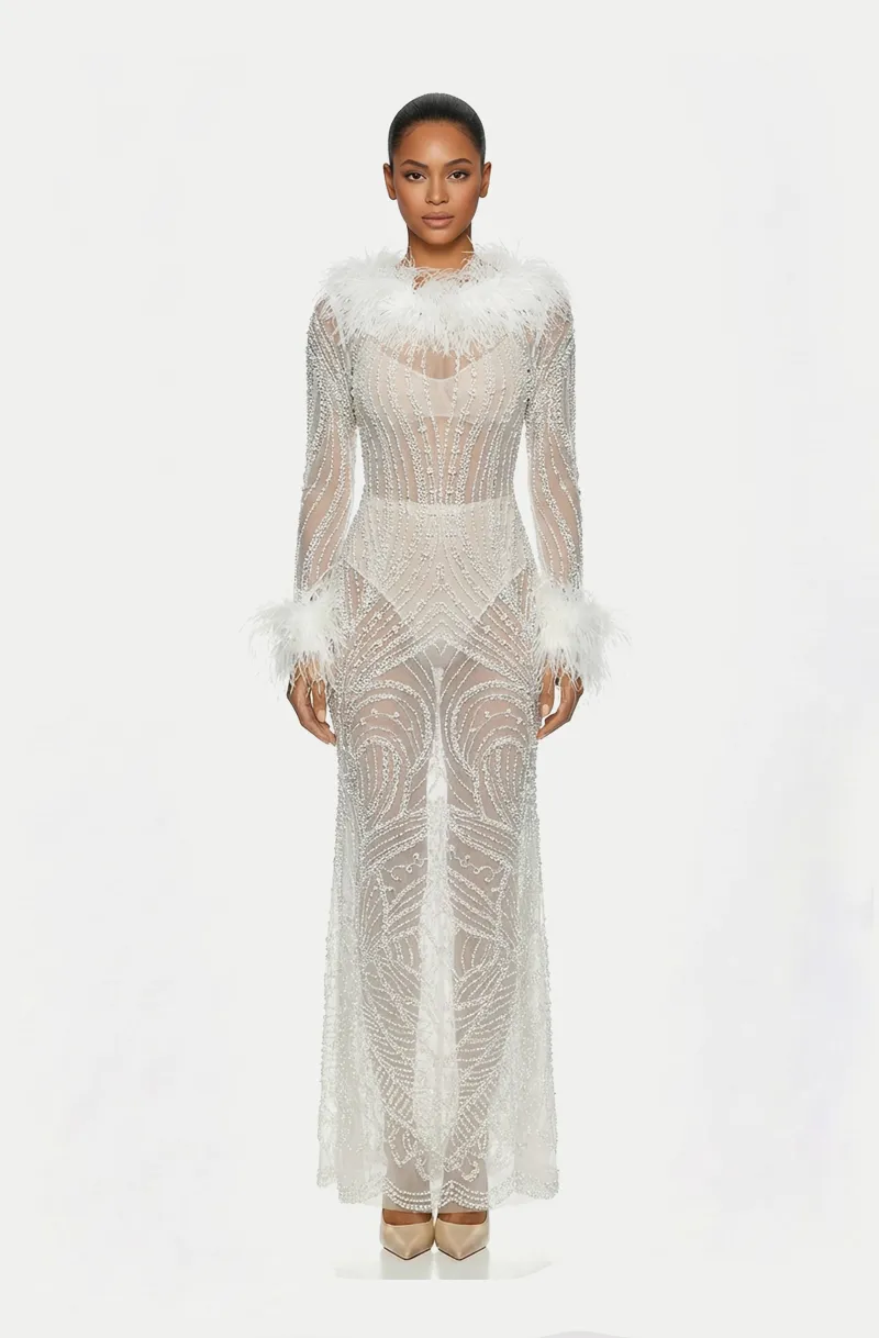 Front view of a woman in an Off-white beaded see-through column dress accented with ostrich feathers at the neckline and cuffs 42, image 1