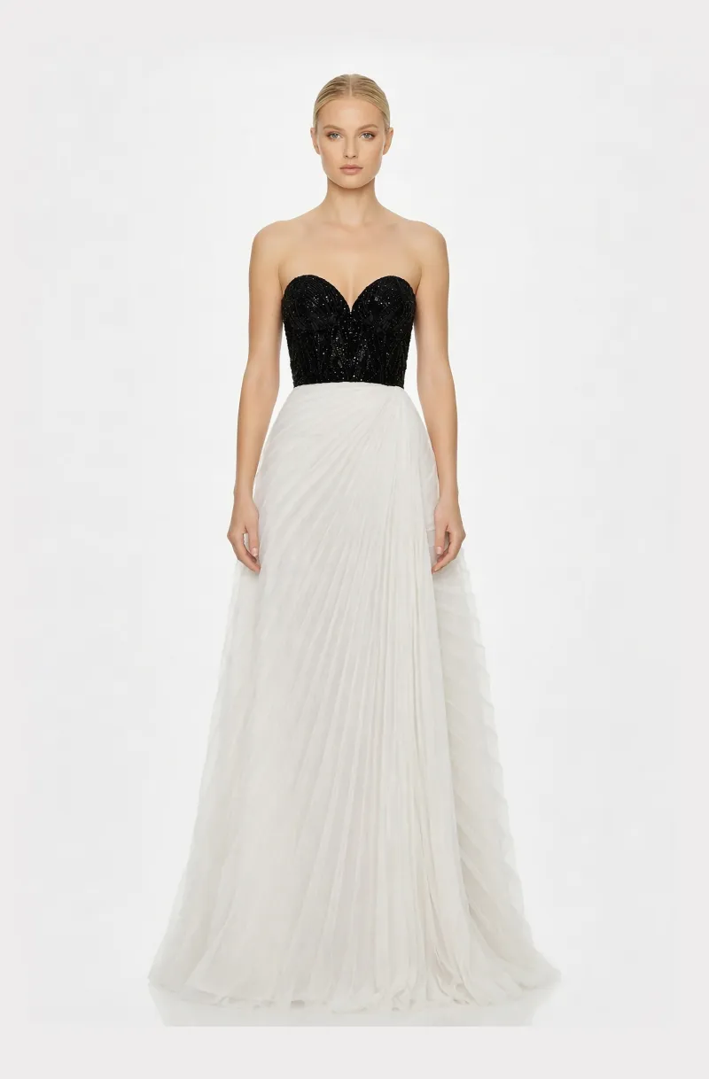 Front view of a woman in a Black hand-beaded corset with white electric-pleated draped skirt 46, image 1