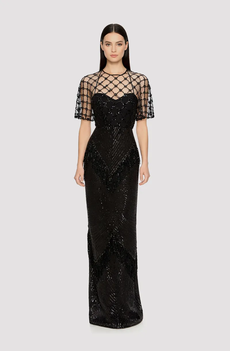 Front view of a woman in a Black fully-beaded tulle column dress with fringes and attached beaded cape 54, image 1