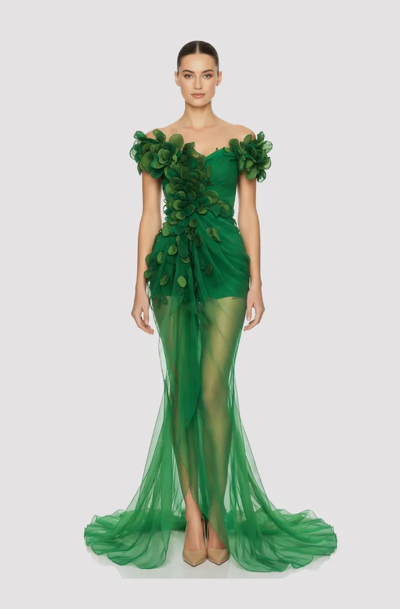 Front view of a woman in a Green silk organza see-through mermaid gown embellished with piña petals 6, image 1